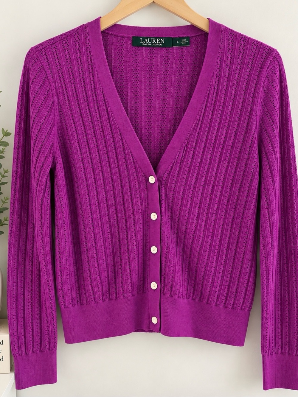 Ralph Lauren Women Purple Lace-Knit V-Neck Button Cardigan Size L